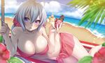  ahoge artist_name bare_shoulders beach bikini blurry blush border breasts commentary_request day depth_of_field eyebrows_visible_through_hair flower food hair_between_eyes hattori_masaki ice_cream large_breasts long_hair looking_at_viewer lying navel ocean on_side open_mouth pink_bikini purple_eyes red_border senki_zesshou_symphogear solo spoon swimsuit twintails veiny_breasts yukine_chris 