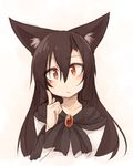  :/ animal_ears bangs black_shirt blush brown_hair closed_mouth commentary_request eyebrows_visible_through_hair finger_to_cheek gem hair_between_eyes head_tilt imaizumi_kagerou kaginoni looking_at_viewer red_eyes shirt solo touhou upper_body wolf_ears 