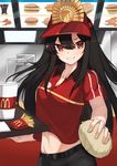  bangs black_hair breasts commentary_request cosplay cowboy_shot drink employee_uniform fast_food fast_food_uniform fate_(series) food french_fries grin hataraku_maou-sama! holding holding_food holding_tray indoors k_jin koha-ace long_hair looking_at_viewer maou_sadao maou_sadao_(cosplay) mcdonald's medium_breasts navel oda_nobunaga_(fate) pants parody polo_shirt red_eyes red_shirt shirt short_sleeves smile solo teeth tray tsurime uniform 