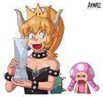  2girls annoyed artist_name ayyk92 bangs bare_shoulders black_dress black_eyes blonde_hair blue_eyes bowsette bracelet breasts choker cleavage crown dress earrings eyebrows_visible_through_hair fang female glint half-closed_eyes hands_up happy holding horns jewelry looking_at_another looking_back mario_(series) medium_breasts multiple_girls new_super_mario_bros._u_deluxe open_mouth pink_shirt pink_vest ponytail shiny shiny_hair shirt signature simple_background sleeveless sleeveless_shirt smile spiked_bracelet spiked_choker spikes strapless strapless_dress super_crown sweat tied_hair toadette trophy upper_body vest white_background 