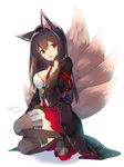  akagi_(azur_lane) akagi_(azur_lane)_(cosplay) akagi_(kantai_collection) animal_ears azur_lane black_hair black_legwear black_robe breasts cleavage commentary_request cosplay fox_ears fox_tail full_body gloves green_eyes hatori_piyoko kantai_collection kemonomimi_mode large_breasts long_hair looking_at_viewer multiple_tails namesake red_skirt simple_background skirt solo straight_hair tail thighhighs white_background 