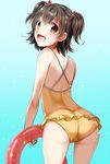  akagi_miria ass black_hair blue_background brown_eyes casual_one-piece_swimsuit cowboy_shot from_behind gradient_hair idolmaster idolmaster_cinderella_girls innertube kaeru_(ka=l) looking_at_viewer looking_back multicolored_hair one-piece_swimsuit open_mouth short_hair smile solo swimsuit two_side_up yellow_swimsuit 