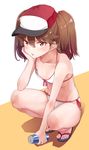  alternate_costume bangs baseball_cap bikini blush brown_eyes brown_hair can collarbone flat_chest flip-flops front-tie_bikini front-tie_top hair_between_eyes hand_on_own_cheek hat highres kantai_collection konnyaku_(kk-monmon) looking_at_viewer open_mouth ryuujou_(kantai_collection) sandals side-tie_bikini solo squatting swimsuit twintails white_bikini 