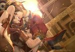  1girl arsene_lupin_(code:realize) artist_name bow brown_bow brown_eyes brown_hair cardia_beckford code:realize dutch_angle eye_contact gears green_eyes hat hat_bow hat_ornament hetero llerose32 long_hair looking_at_another outdoors standing white_hat 
