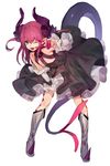  ;d asymmetrical_horns bad_id bad_twitter_id black_skirt blue_eyes claws curled_horns detached_sleeves dragon_girl dragon_horns dragon_tail elizabeth_bathory_(fate) elizabeth_bathory_(fate)_(all) fang fate/extra fate/extra_ccc fate/grand_order fate_(series) flat_chest frilled_sleeves frills full_body hair_between_eyes hand_on_own_thigh horns leaning_forward legs_apart looking_at_viewer one_eye_closed open_mouth pink_hair pointy_ears simple_background skirt smile solo sugimoto_(niboshiumai) tail two_side_up v_over_eye white_background white_sleeves 