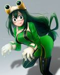  absurdres artist_name asui_tsuyu black_eyes black_hair black_legwear boku_no_hero_academia check_commentary commentary commentary_request gloves goggles hair_rings highres long_hair looking_at_viewer low-tied_long_hair shadow solo standing tongue tongue_out torakun14 white_gloves 