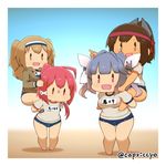  :d alternate_costume bangs barefoot blue_hair blunt_bangs breast_envy breasts brown_eyes brown_hair capriccyo carrying commentary_request fang gym_shirt gym_uniform hair_ribbon hairband highres i-168_(kantai_collection) i-19_(kantai_collection) i-26_(kantai_collection) i-401_(kantai_collection) kantai_collection large_breasts light_brown_eyes light_brown_hair long_hair multiple_girls name_tag new_school_swimsuit no_mouth old_school_swimsuit open_mouth piggyback pink_hair pointing ponytail red_eyes ribbon sailor_collar sandals school_swimsuit shirt short_sleeves smile swimsuit swimsuit_under_clothes tan tri_tails two-tone_hairband two_side_up underwear 