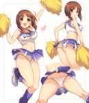  :d :o ass ass_visible_through_thighs bare_arms bare_shoulders blue_legwear blush bouncing_breasts breasts brown_eyes brown_hair cheerleader commentary_request crop_top dotted_line eyebrows_visible_through_hair from_behind from_below girls_und_panzer highres holding ikomochi kneehighs leg_up legs_apart looking_at_viewer looking_back medium_breasts miniskirt mtu_virus multiple_views navel nishizumi_miho open_mouth panties pantyshot pantyshot_(standing) parted_lips pom_poms purple_skirt shiny shiny_skin shoes simple_background skirt sleeveless smile sneakers spread_legs standing standing_on_one_leg tareme thick_thighs thighs underwear upskirt white_background white_footwear white_panties wide_hips 