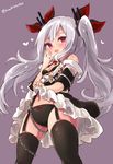  :d azur_lane black_bra black_legwear black_panties black_shirt black_skirt blush bow bow_panties bra breasts cameltoe chain cleavage fang garter_straps hair_between_eyes hand_to_own_mouth highres lifted_by_self long_hair naughty_face navel open_mouth panties purple_eyes ribbon shirt shirt_down shirt_pull silver_hair skirt skirt_lift small_breasts smile solo suzuki_toto thighhighs twintails twitter_username underwear vampire_(azur_lane) 