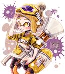  ? black_shorts blonde_hair breath dated domino_mask goggles goggles_on_headwear hand_on_head harutarou_(orion_3boshi) hat highres holding holding_weapon hood hoodie inkling long_sleeves male_focus mask mini_splatling_(splatoon) paint_splatter pointy_ears print_shirt shirt shorts sleeves_pushed_up splatoon_(series) splatoon_1 standing weapon yellow_eyes yellow_hat yellow_shirt 