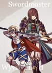  armor blonde_hair bob_cut breastplate brown_hair cape english fire_emblem fire_emblem_if gauntlets gzei hisame_(fire_emblem_if) holding holding_sword holding_weapon looking_at_viewer lutz_(fire_emblem_if) mask multiple_boys polearm simple_background smile spear sword weapon 