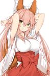  animal_ear_fluff animal_ears armpit_peek arms_up blush bow breasts closed_mouth eyebrows_visible_through_hair fangs_out fate/extra fate_(series) fox_ears fox_tail hair_bow hakama highres hip_vent japanese_clothes kimono large_breasts long_hair long_sleeves looking_at_viewer pink_hair red_bow red_hakama ribbon-trimmed_sleeves ribbon_trim silver_(chenwen) smile solo tail tamamo_(fate)_(all) tamamo_no_mae_(fate) upper_body very_long_hair white_bow white_kimono wide_sleeves yellow_eyes 