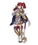  anna_(fire_emblem) armor axe bangs belt boots cape fire_emblem fire_emblem_heroes full_body gloves highres kozaki_yuusuke looking_at_viewer non-web_source official_art one_eye_closed ponytail red_eyes red_hair skirt smile solo standing thigh_boots thighhighs transparent_background weapon white_cape zettai_ryouiki 