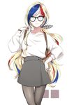  absurdres backpack bag black-framed_eyewear blonde_hair blue_eyes blue_hair closed_mouth collarbone commandant_teste_(kantai_collection) dress earrings glasses grey_skirt hair_ribbon highres jewelry kantai_collection long_hair looking_at_viewer md5_mismatch morinaga_miki multicolored_hair nail_polish pantyhose red_hair red_nails ribbon ring simple_background skirt smile solo standing sweatshirt very_long_hair white_background 