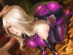  1boy 1girl all_fours blonde_hair blush bodysuit breasts censored cum cum_in_mouth curvy elbow_gloves facial fellatio female green_eyes hetero huge_breasts lilith-soft long_hair masturbation oral penis saliva sano_toshihide shiny_skin taimanin_(series) taimanin_asagi taimanin_asagi_battle_arena tekkain_kaworu_(taimanin_asagi_battle_arena) 