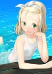  :d blonde_hair collarbone commentary_request green_eyes hairband highres i-504_(kantai_collection) kantai_collection luigi_torelli_(kantai_collection) masukuza_j one-piece_swimsuit open_mouth partially_submerged school_swimsuit short_hair smile solo swimsuit white_hairband white_school_swimsuit white_swimsuit 