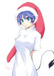  arms_behind_back blue_eyes blue_hair breasts closed_mouth cowboy_shot doremy_sweet dress hat jajao looking_at_viewer medium_breasts nightcap pom_pom_(clothes) short_hair short_sleeves simple_background smile solo tail touhou white_background white_dress 