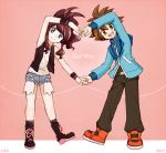  1boy 1girl :d belt black_(pokemon) black_legwear black_pants black_vest black_wristband blue_shorts blue_sweater brown_hair character_name collaboration commentary_request creatures_(company) denim denim_shorts full_body game_freak happy heart_arms long_hair long_sleeves looking_at_viewer luo-qin mei_(pixiv9154263) nintendo open_mouth pants pink_background pokemon pokemon_special ponytail shirt shoelaces shoes short_shorts shorts sidelocks simple_background sleeveless sleeveless_shirt smile socks spiked_hair standing sweater tied_hair vest white_(pokemon) white_shirt wristband 