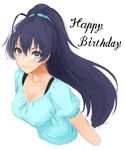  &gt;:) antenna_hair bangs black_hair blue_eyes blue_shirt blush breasts check_commentary cleavage closed_mouth collarbone commentary commentary_request earrings ganaha_hibiki happy_birthday hoop_earrings idolmaster idolmaster_(classic) jewelry kitagawa_onitarou long_hair looking_at_viewer medium_breasts ponytail puffy_short_sleeves puffy_sleeves shirt short_sleeves smile solo upper_body v-shaped_eyebrows very_long_hair 
