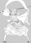  &gt;:( dress fighting_stance frown grey_background greyscale hair_ornament holding holding_spear holding_sword holding_weapon lance leaning_forward legs_apart long_sleeves looking_at_viewer monochrome o-ring polearm poronegi puffy_pants ribbon shoes short_hair simple_background solo spear standing sword toramaru_shou touhou v-shaped_eyebrows weapon 