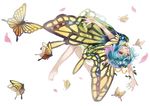  antennae bare_arms bare_legs barefoot blue_hair brown_eyes bug butterfly butterfly_wings dress eternity_larva full_body green_dress hair_ornament highres insect leaf_hair_ornament looking_at_viewer open_mouth outstretched_arms short_dress short_hair simple_background smile solo touhou white_background wings yellow_wings zhu_xiang 
