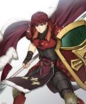  armor armored_boots boots cape dated fingerless_gloves fire_emblem fire_emblem_echoes:_mou_hitori_no_eiyuuou fur_trim futabaaf gloves highres lukas_(fire_emblem) male_focus polearm red_eyes red_hair shield simple_background solo spear weapon white_background 