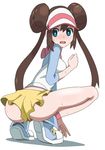 1girl ass blue_eyes blue_footwear blush breasts brown_hair double_bun embarrassed female from_behind full_body hair_tie hand_up hat long_hair looking_back looking_to_the_side medium_breasts mei_(pokemon) open_mouth pink_hat pink_socks pokemon pokemon_(game) pokemon_bw2 rayphenos shirt shoes shorts simple_background socks solo squatting sweat tied_hair twintails visor_cap white_background white_hat white_shirt yellow_shorts 