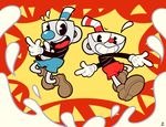  30s brothers cartoonized commentary cuphead cuphead_(game) drinking_straw finger_gun gloves grin highres male_focus milk mugman multiple_boys open_mouth pointing pointing_at_viewer shoes shorts siblings smile splashing white_gloves yatsunote 