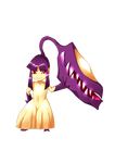  1girl absurdres arm_up artist_request collarbone feet full_body hand_on_hip looking_to_the_side mawile navel no_humans pokemon pokemon_(creature) pokemon_rse purple_hair red_eyes sharp_teeth simple_background smile solo standing teeth 