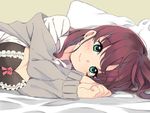  ahoge bed_sheet black_bra blue_eyes blush bow bow_bra bra breasts brown_hair cardigan cleavage commentary_request dress_shirt earrings frilled_bra frills ichinose_shiki idolmaster idolmaster_cinderella_girls jewelry kirarin369 large_breasts long_hair long_sleeves looking_at_viewer lying on_bed on_side open_clothes open_shirt pillow red_bow shirt smile solo underwear wavy_hair white_shirt 