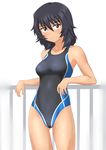  absurdres andou_(girls_und_panzer) black_hair black_swimsuit brown_eyes competition_swimsuit cowboy_shot dark_skin girls_und_panzer girls_und_panzer_saishuushou highres looking_at_viewer one-piece_swimsuit railing short_hair simple_background solo swimsuit takafumi white_background 