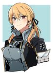  alternate_eye_color anchor asakawa_(outeq) black_ribbon blonde_hair border breasts closed_mouth coat commentary_request cosplay eyebrows_visible_through_hair grin hair_between_eyes hair_over_shoulder hair_ribbon iron_cross kantai_collection looking_at_viewer low_twintails medium_breasts nagato_(kantai_collection) nagato_(kantai_collection)_(cosplay) prinz_eugen_(kantai_collection) red_eyes remodel_(kantai_collection) ribbon simple_background smile solo twintails upper_body white_border 