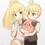  1girl age_switch black_vest blonde_hair brother_and_sister child cleffa gen_2_pokemon gladio_(pokemon) lillie_(pokemon) long_hair older pokemon pokemon_(anime) pokemon_(creature) pokemon_sm_(anime) ponytail shirt short_hair short_sleeves siblings simple_background siroromo smile tears vest white_shirt younger 