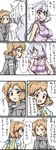  ahoge breasts brown_eyes brown_hair comic commentary_request dual_persona grey_hoodie hair_ornament hairclip highres hood hoodie large_breasts multiple_girls oonamuamidabutu profile purple_eyes purple_hair senki_zesshou_symphogear senki_zesshou_symphogear_xd_unlimited short_hair simple_background sleeveless sweatdrop tachibana_hibiki_(symphogear) translated twintails white_background yukine_chris 