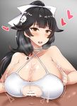  1girl azur_lane bangs bar_censor bare_shoulders blush bow breast_squeeze breasts censored collarbone criss-cross_halter cum cum_on_body cum_on_breasts cum_on_upper_body eyebrows_visible_through_hair flower futoshi hair_bow hair_flaps hair_flower hair_ornament halterneck hetero huge_breasts long_hair looking_at_viewer one-piece_swimsuit open_mouth paizuri penis ponytail solo_focus swimsuit takao_(azur_lane) trembling tsurime white_flower white_swimsuit 