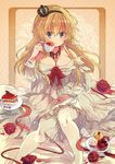  blonde_hair blue_eyes braid breasts cake cleavage commentary corset crown cup cupcake dress flower food french_braid highres holding holding_cup kantai_collection large_breasts long_hair long_sleeves looking_at_viewer mini_crown nanahamu off-shoulder_dress off_shoulder red_flower red_ribbon red_rose ribbon rose sitting smile solo teacup thighhighs warspite_(kantai_collection) white_dress white_legwear 
