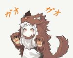  alternate_costume animal_costume blush_stickers commentary damagefloor dress fur_collar highres kantai_collection long_hair looking_at_viewer mittens northern_ocean_hime orange_eyes shinkaisei-kan simple_background solo translated white_background white_dress white_hair white_skin wolf_costume wolf_paws 