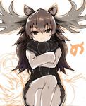  ;) animal_ears antlers bangs black_eyes black_skirt black_vest brown_hair closed_mouth crossed_legs dot_nose eyebrows eyebrows_visible_through_hair eyelashes fur_collar hair_between_eyes japari_symbol kemono_friends lion_(kemono_friends) lion_ears long_hair long_sleeves looking_at_viewer lying miniskirt moose_(kemono_friends) moose_ears multiple_girls on_stomach one_eye_closed pantyhose pleated_skirt ro-ga_(kurumaya) shiny shiny_hair shirt silver_legwear simple_background sitting skirt smile solo_focus tsurime unfinished vest white_background white_shirt 