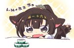  akizuki_(kantai_collection) animal_ears black_eyes black_hair can canned_food cat_ears cat_tail hachimaki headband kantai_collection kemonomimi_mode open_mouth ponytail solo tail translated tsukko_(3ki2ne10) twitter_username 