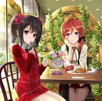  alternate_hairstyle black_hair camera chair chin_rest cup dress food glass hair_ribbon highres long_hair looking_at_viewer love_live! love_live!_school_idol_festival love_live!_school_idol_project low_ponytail multiple_girls nishikino_maki orein pasta pink_eyes plate pudding purple_eyes red_hair ribbon sitting smile spaghetti spoon table teacup twintails yazawa_nico 