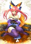  animal_ears bare_shoulders between_legs bow crystal_shoujo fang fate/extra fate_(series) fox_ears fox_tail hair_bow hand_between_legs highres platform_footwear sitting solo tail tamamo_(fate)_(all) tamamo_no_mae_(fate) thighhighs twintails 