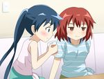  bangs bare_shoulders blue_eyes blue_hair blue_shirt blush breasts brown_eyes closed_mouth collarbone commentary_request couch cup drinking_glass green_skirt holding indoors inokuma_youko jitome kin-iro_mosaic komichi_aya looking_at_another looking_away medium_breasts multiple_girls pink_shirt red_hair shippo_(shishizaru) shirt skirt sleeveless sleeveless_shirt small_breasts striped striped_shirt table tied_shirt twintails upper_body 
