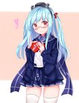  absurdres anchor_symbol blue_hair blue_skirt blush box cang_se_ye_hua closed_mouth fubuki_(zhan_jian_shao_nyu) glasses hair_ribbon heart heart-shaped_box highres long_hair looking_at_viewer red_ribbon ribbon semi-rimless_eyewear skirt smile solo thighhighs twintails valentine white_legwear zhan_jian_shao_nyu 