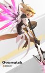  absurdres alternate_eye_color alternate_wing_color artist_name blonde_hair bodysuit breasts brown_legwear character_name copyright_name dated evil_smile faulds glowing glowing_wings grey_background hair_tie high_ponytail highres holding holding_staff licking_lips long_hair mechanical_halo mechanical_wings medium_breasts mercy_(overwatch) open_mouth overwatch pelvic_curtain purple_wings red_eyes shou_mai signature simple_background smile solo spread_wings staff tongue tongue_out upper_body white_background white_bodysuit wings 