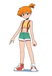  blue_eyes closed_mouth full_body green_shorts holding holding_poke_ball kasumi_(pokemon) looking_at_viewer midriff natsunagi_takaki navel orange_hair poke_ball pokemon pokemon_(anime) pokemon_(classic_anime) shoes short_hair shorts side_ponytail simple_background solo standing suspenders white_background 