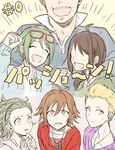  5boys ahoge amagase_touma androgynous blonde_hair blue_eyes brown_hair episode_number eyewear_on_head faceless glasses green_eyes green_hair hairband head_out_of_frame highres idolmaster idolmaster_side-m ijuuin_hokuto mitarai_shouta multiple_boys producer_(idolmaster_side-m) red-framed_eyewear red_eyes saitou_takashi_(idolmaster) toohoku yamamura_ken 