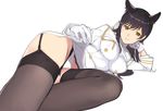 aiguillette animal_ears arm_support atago_(azur_lane) azur_lane bad_proportions bangs black_hair black_legwear blush breasts closed_mouth double-breasted eyebrows_visible_through_hair garter_straps gloves long_hair long_sleeves looking_at_viewer lying medium_breasts mibu_natsuki military military_uniform miniskirt mole mole_under_eye on_side panties pleated_skirt side_slit simple_background skirt smile solo tareme thighhighs thighs underwear uniform upskirt white_background white_gloves white_panties white_skirt yellow_eyes 