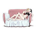  2girls barefoot black_hair black_panties black_shirt blonde_hair blue_eyes bra breasts collarbone couch dated from_side full_body groin hand_on_another's_head highres karanomori_shion kunizuka_yayoi licking long_hair medium_breasts midriff multiple_girls nail_polish navel neiigal open_mouth panties ponytail psycho-pass red_bra red_nails red_panties shirt shirt_lift sideboob signature simple_background sitting sleeveless sleeveless_shirt stomach underwear white_background yuri 