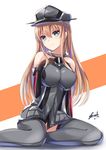  artist_name bare_shoulders bee_doushi bismarck_(kantai_collection) blonde_hair blue_eyes breasts brown_gloves detached_sleeves gloves grey_legwear hair_between_eyes hat highres kantai_collection large_breasts long_hair military military_uniform peaked_cap signature smile solo thighhighs uniform 