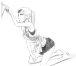  apron armpits barefoot between_legs breasts dagashi_kashi earrings endou_saya greyscale hand_between_legs highres jewelry kneeling kotoyama monochrome parted_lips ponytail pulling sanpaku shadow sidelocks sketch skirt sleeveless small_breasts solo tank_top white_background 